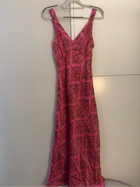 Sleeveless Pink Floral V-Neck Maxi Dress (Satin-Style)